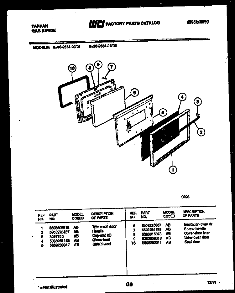 DOOR PARTS Diagram and Parts List for 30-2551-23-01  Tappan Range
