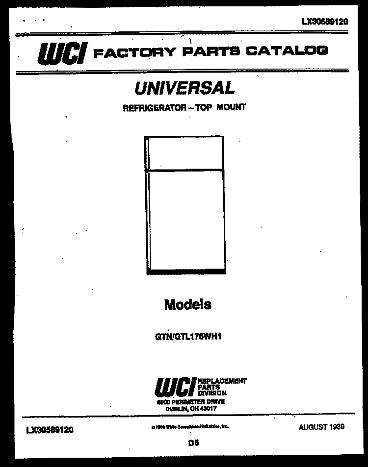 COVER Diagram and Parts List for AGTL175WH1-57  Uni Refrigerator