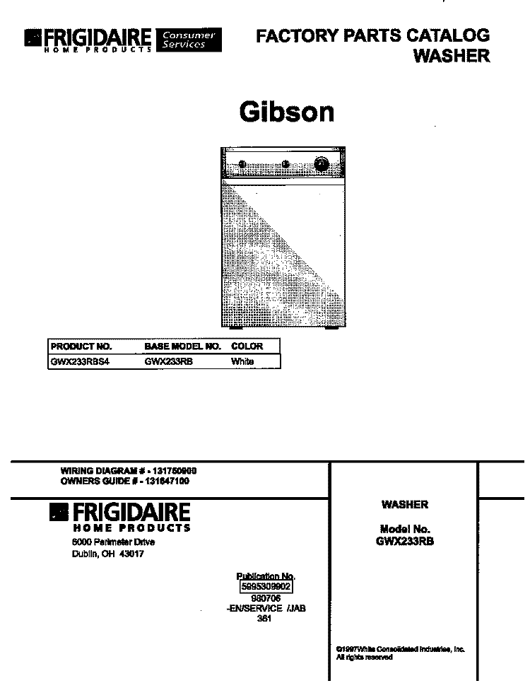 COVER Diagram and Parts List for GWX233RBS4  Gibson Washer