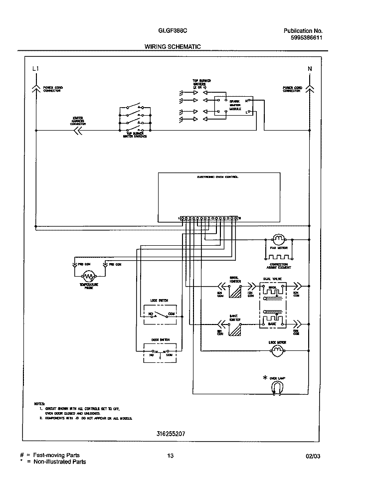 WIRING SCHEMATIC Diagram and Parts List for GLGF388CQA  Frigidaire Range