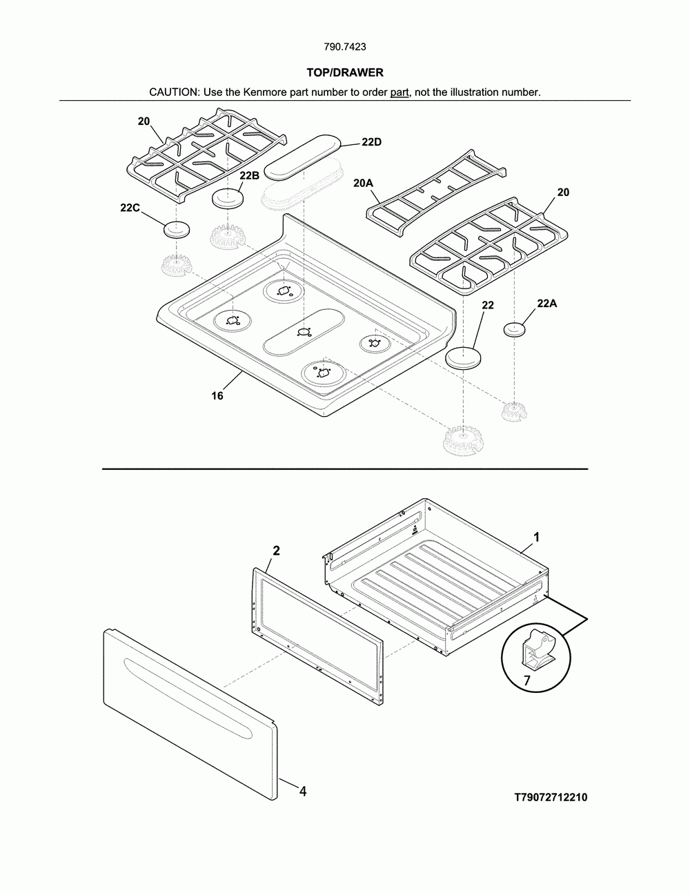 Top/drawer Diagram and Parts List for 79074232314  Kenmore Range