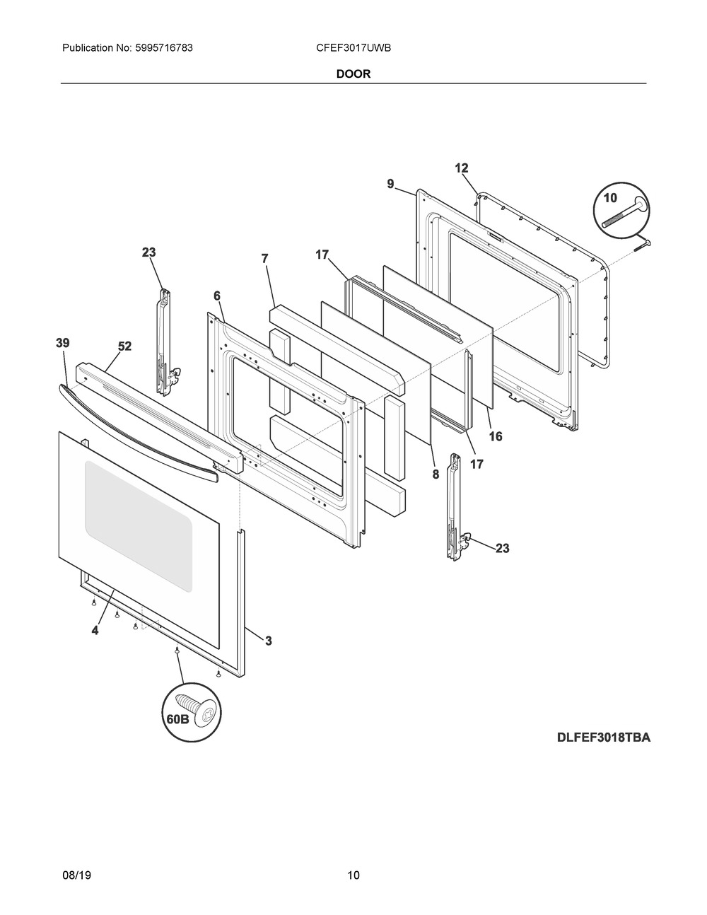 Door Diagram and Parts List for CFEF3017UWB  Frigidaire Range
