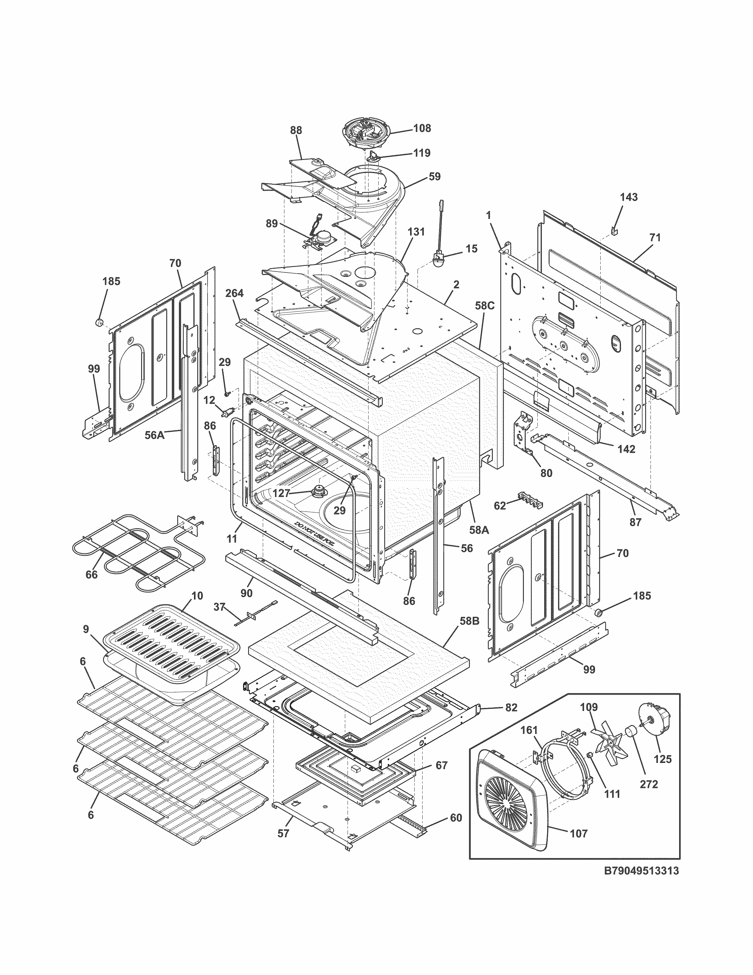 Body Diagram and Parts List for 79049512313  Kenmore Wall Oven