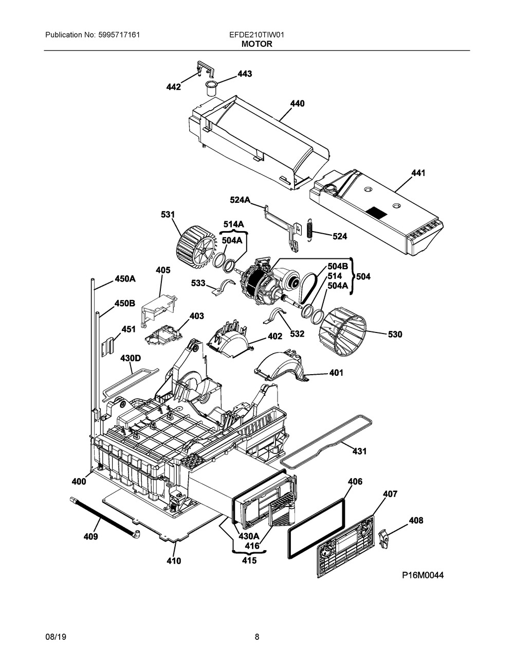 Motor Diagram and Parts List for EFDE210TIW01  Frigidaire Dryer