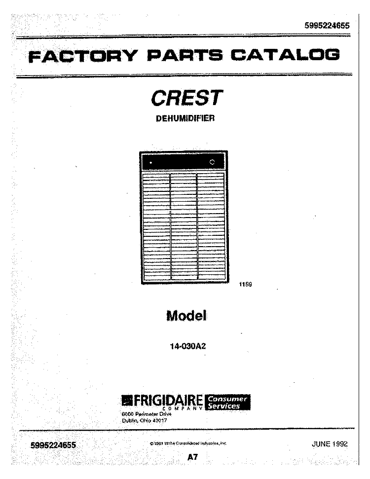 COVER Diagram and Parts List for 14-030A2  Frigidaire Dehumidifier