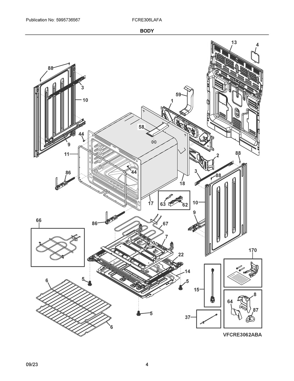 Body Diagram and Parts List for FCRE306LAFA  Frigidaire Range