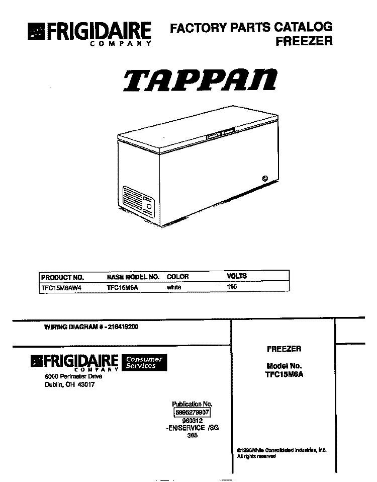 COVER Diagram and Parts List for TFC15M6AW4  Tappan Freezer