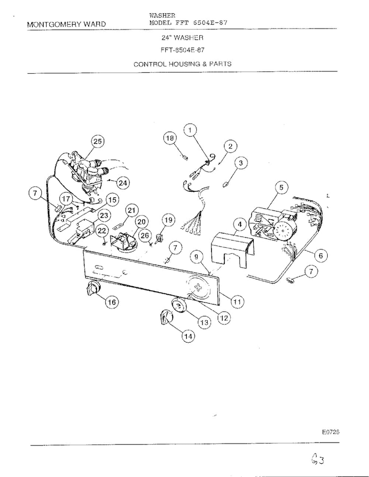 Control Housing Diagram and Parts List for 6504E-87  Frigidaire Washer