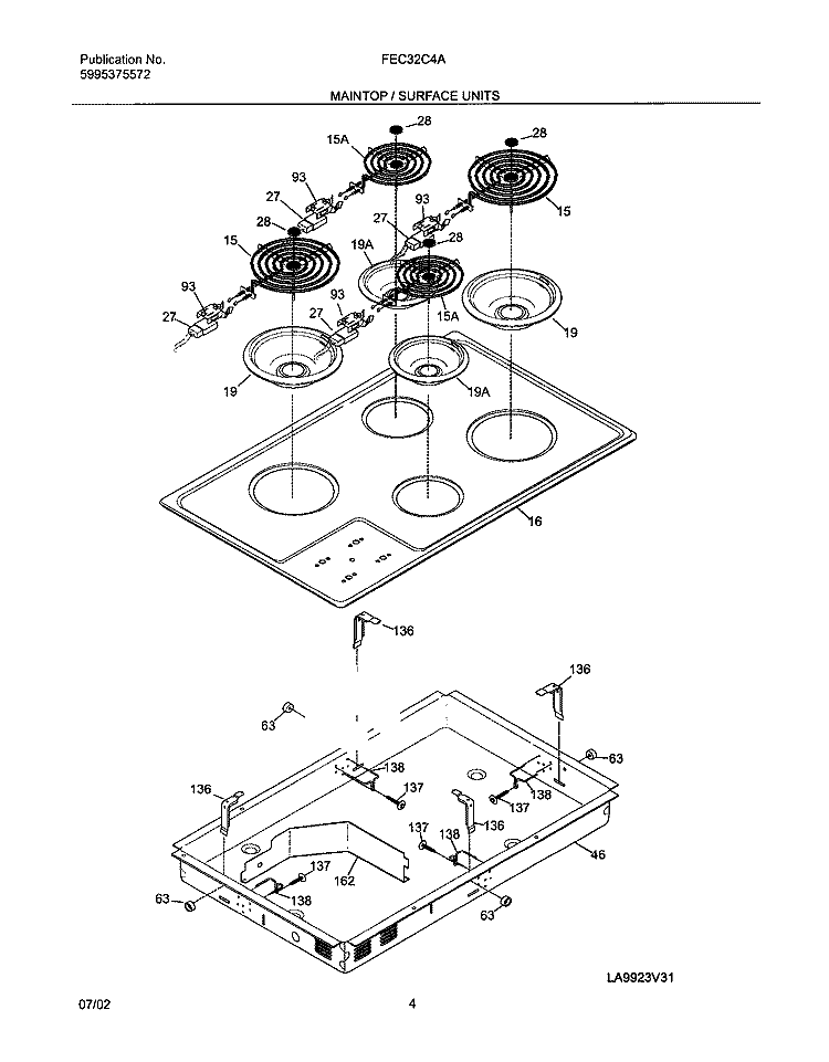 MAINTOP Diagram and Parts List for FEC32C4AQC  Frigidaire Cooktop