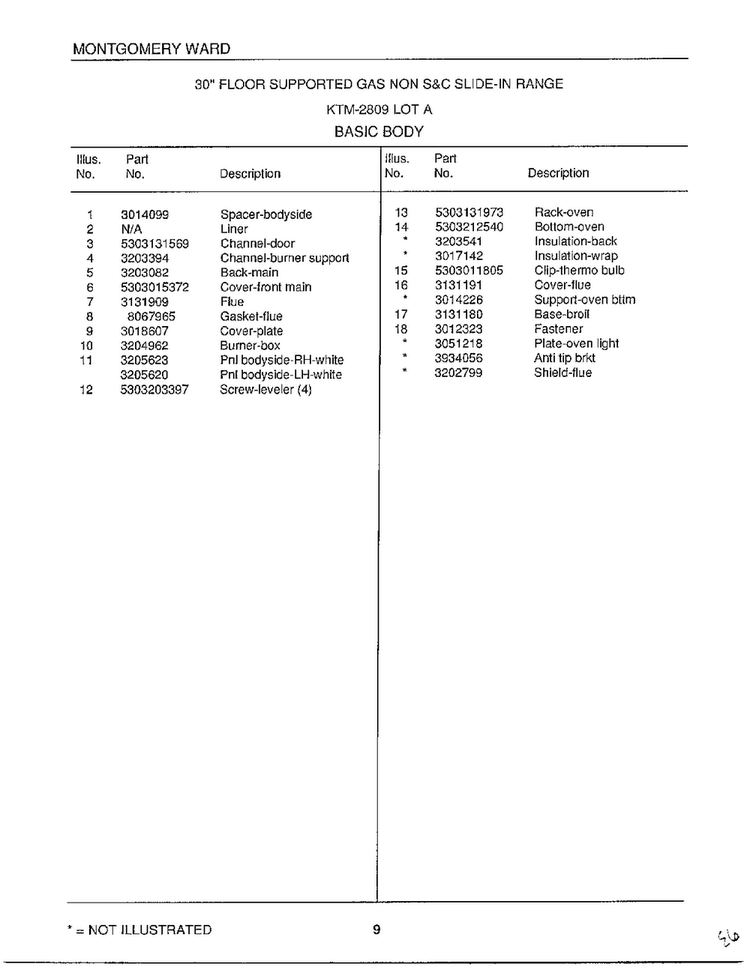 Basic Body Page 2 Diagram and Parts List for 2809A  Frigidaire Range