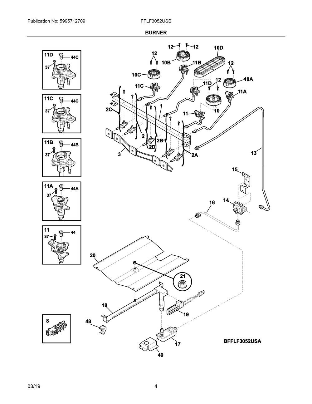 Burner Diagram and Parts List for FFLF3052USB  Frigidaire Range