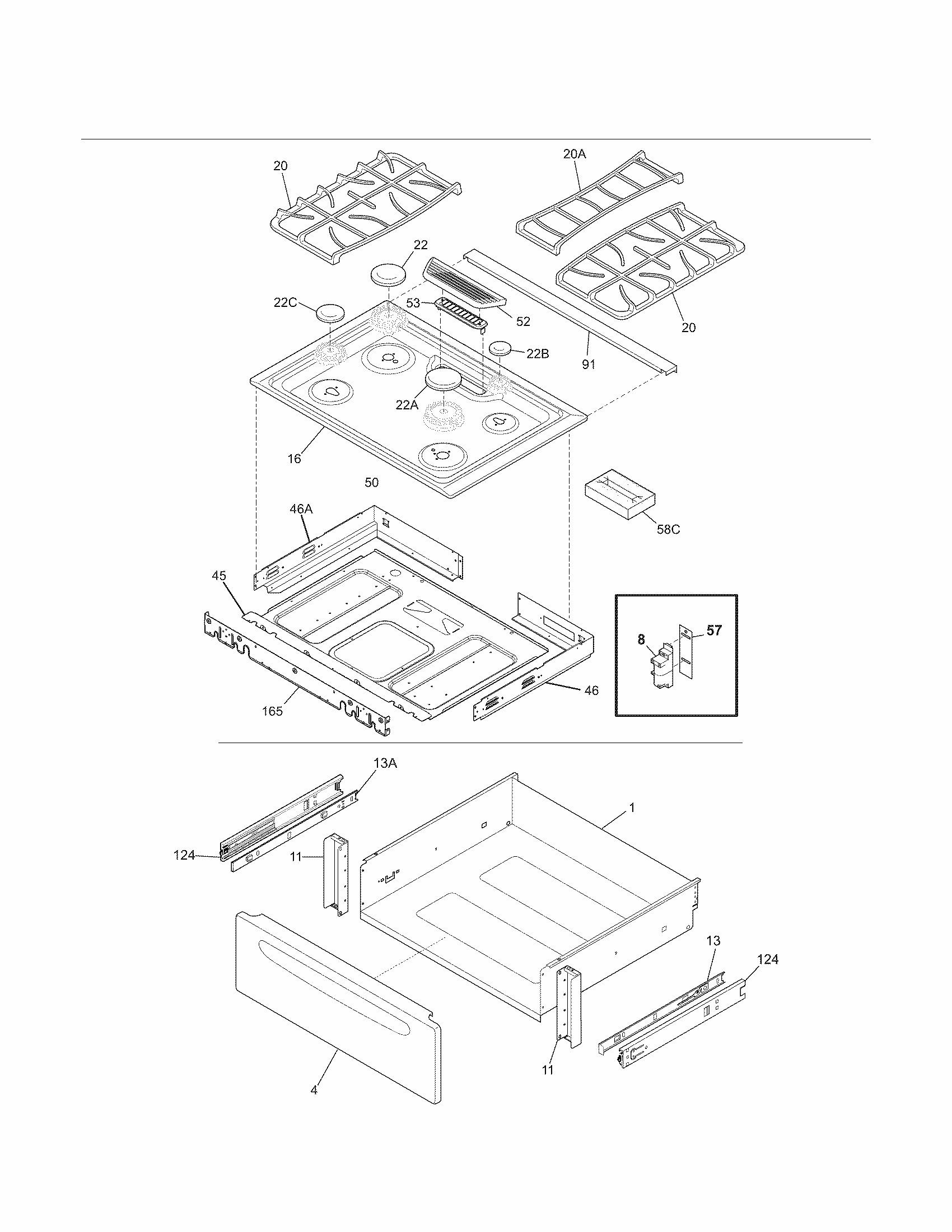 Top/drawer Diagram and Parts List for 79036909904  Kenmore Range