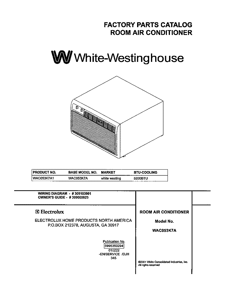 COVER Diagram and Parts List for WAC053K7A1  Westinghouse Air Conditioner