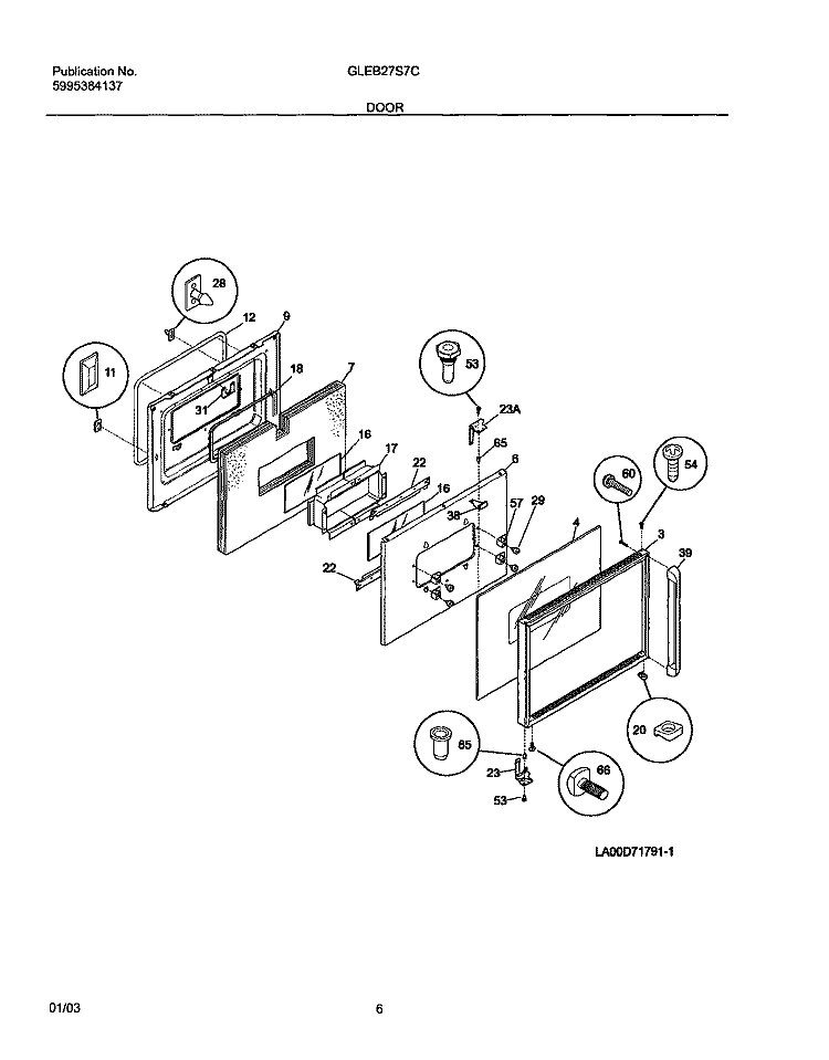 DOOR Diagram and Parts List for GLEB27S7CBA  Frigidaire Wall Oven