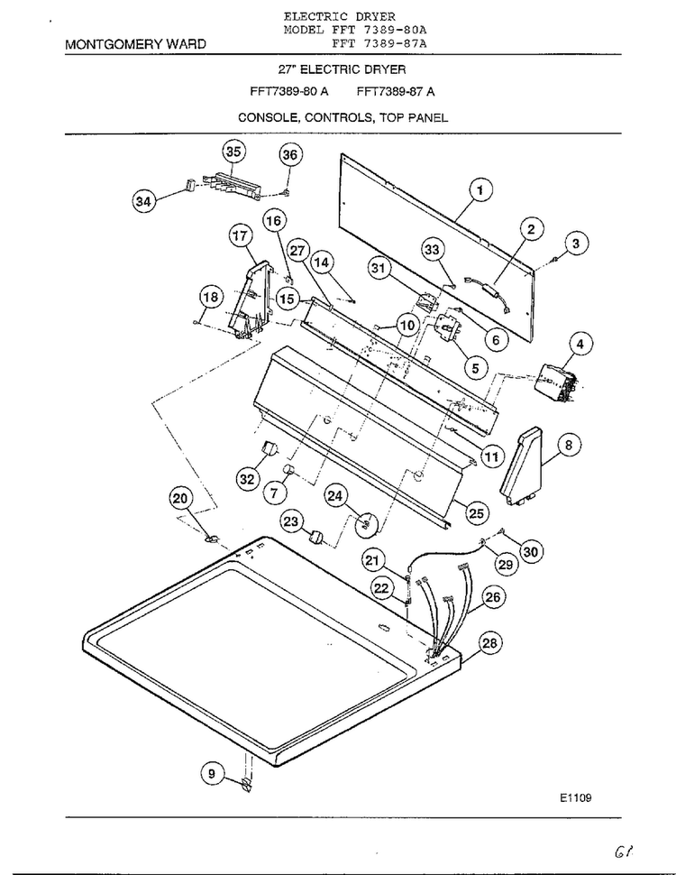Console, Controls, Top Panel Diagram and Parts List for 7389-80A  Frigidaire Dryer