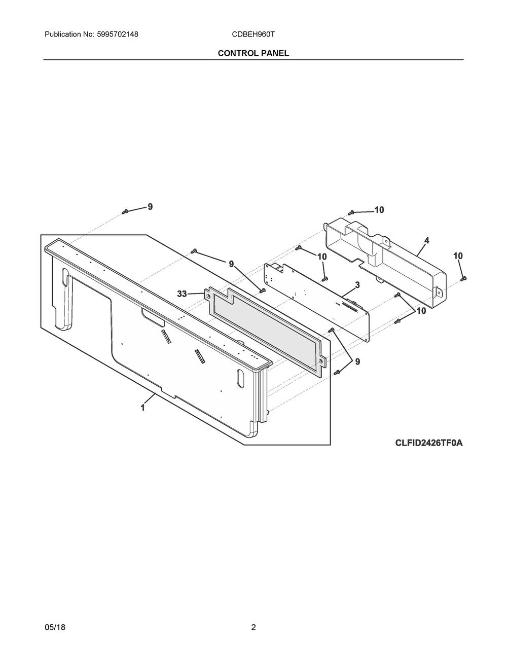 Control Panel Diagram and Parts List for CDBEH960TD0A  Frigidaire Dishwasher