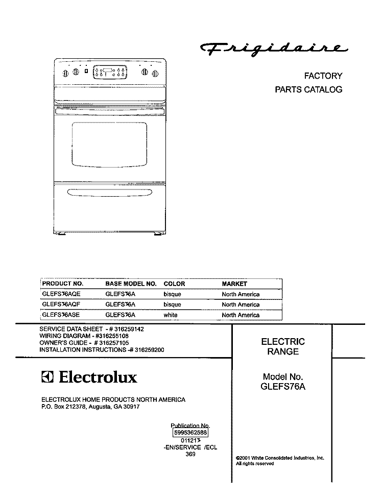 COVER Diagram and Parts List for GLEFS76AQE  Frigidaire Range