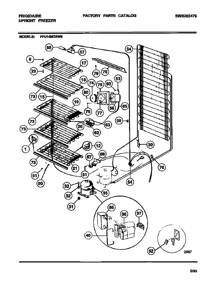 LINER AND UNIT Diagram and Parts List for FFU14M7AW6  Frigidaire Freezer