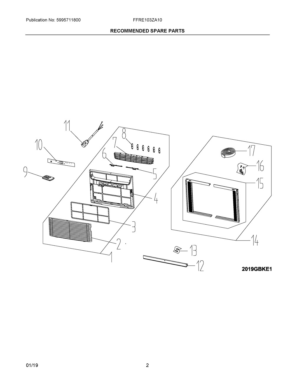 Recommended Spare Parts Diagram and Parts List for FFRE103ZA10  Frigidaire Air Conditioner