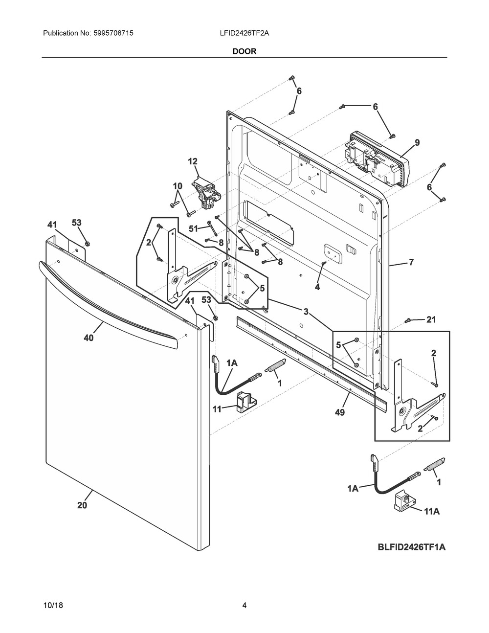 Door Diagram and Parts List for LFID2426TF2A  Frigidaire Dishwasher