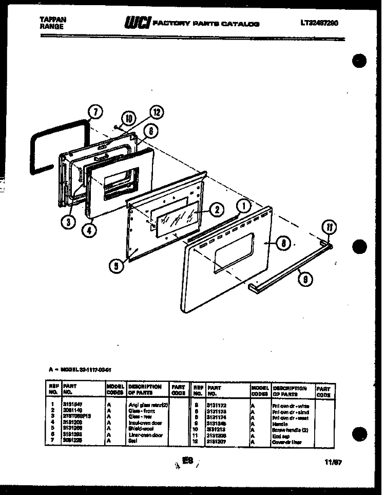 DOOR PARTS Diagram and Parts List for 32-1117-00-01  Tappan Range