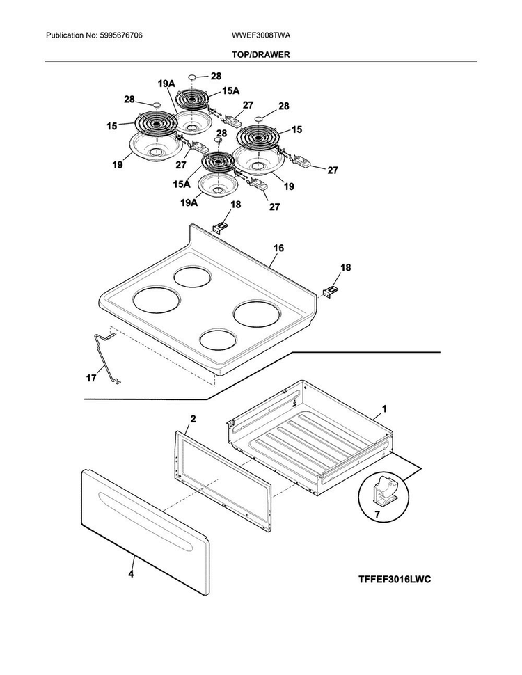 Top/drawer Diagram and Parts List for WWEF3008TWA  Westinghouse Range