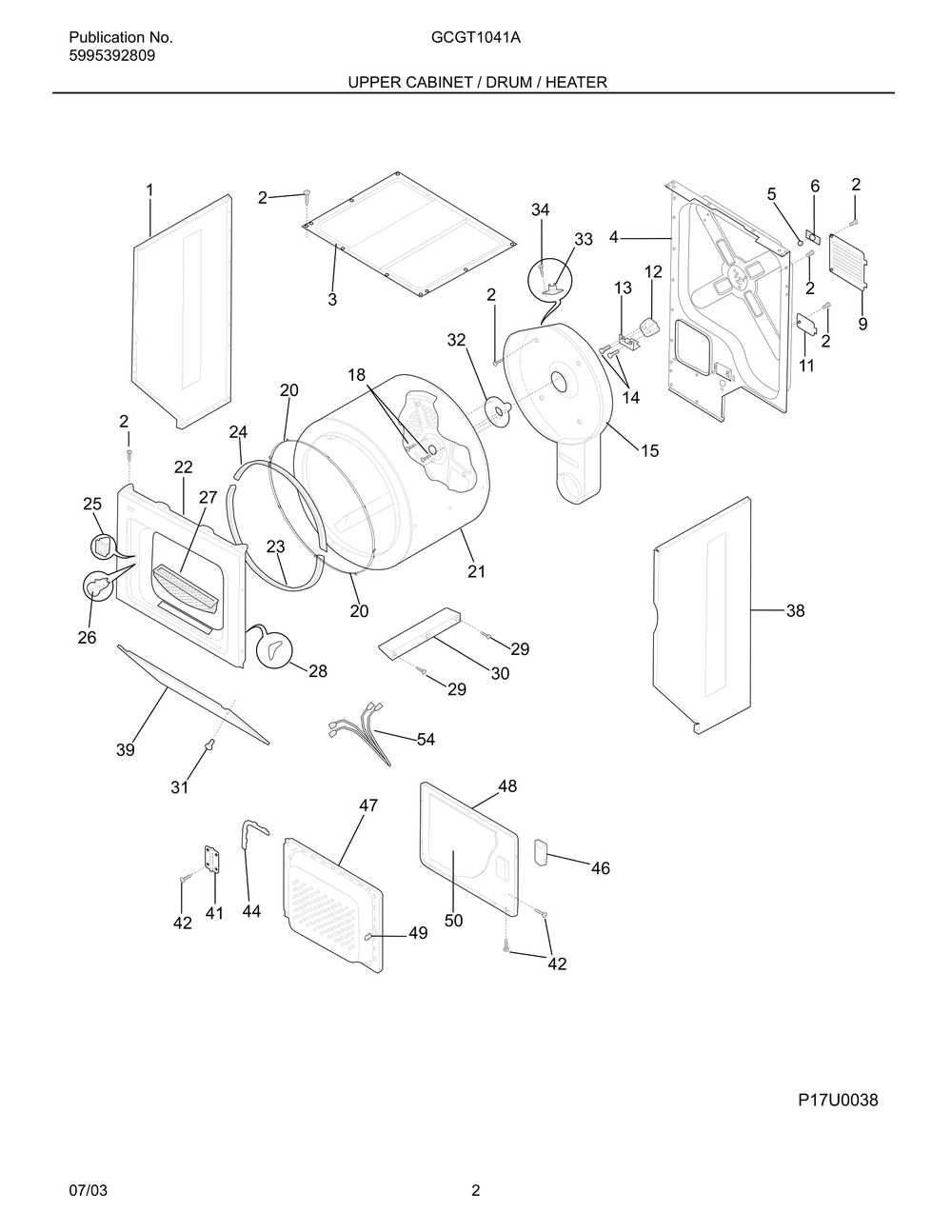 Upper Cabinet / Drum / Heater Diagram and Parts List for GCGT1041A  Frigidaire Dryer