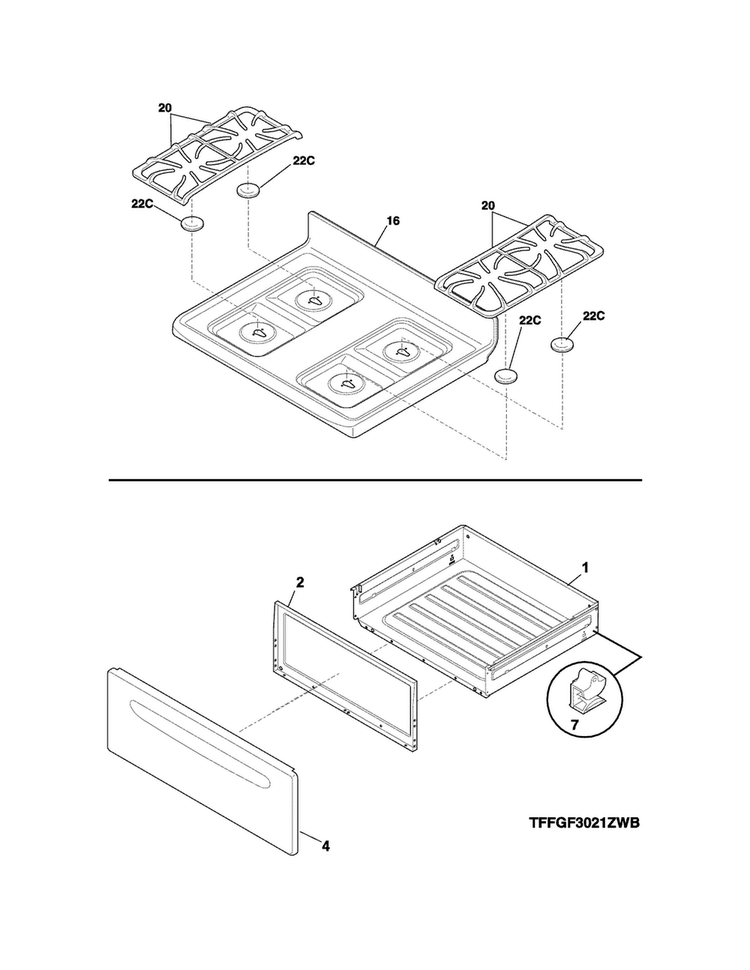 Top/drawer Diagram and Parts List for FFGF3021ZWE  Frigidaire Range