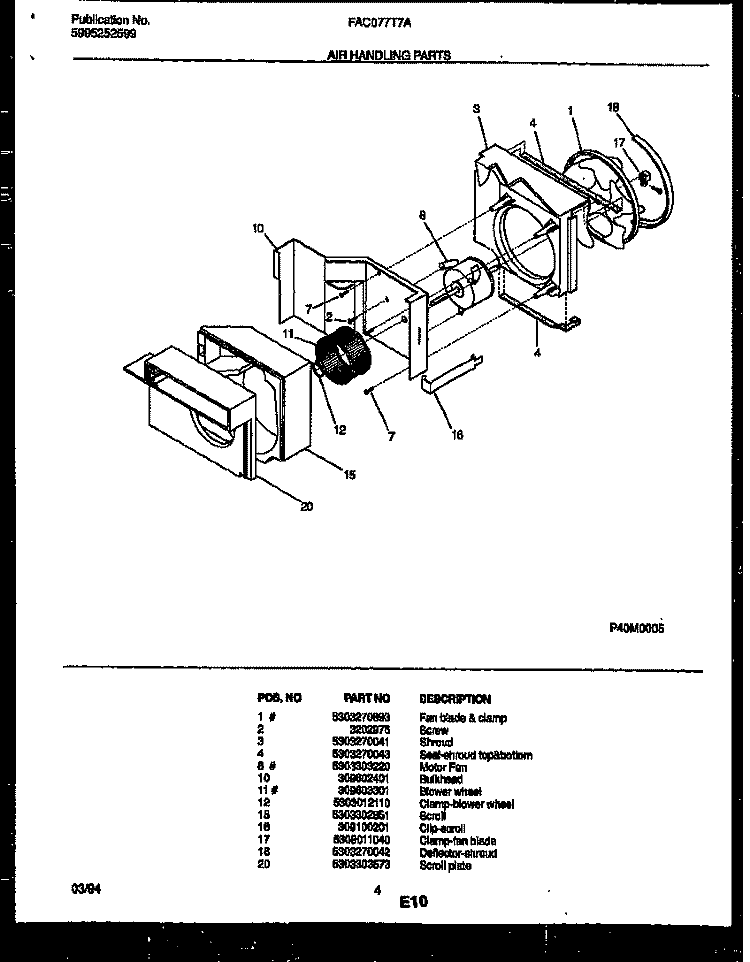 AIR HANDLING PARTS Diagram and Parts List for FAC077T7A2  Frigidaire Air Conditioner