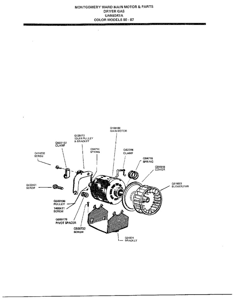 Main Motor Parts Diagram and Parts List for 8347A  Frigidaire Dryer