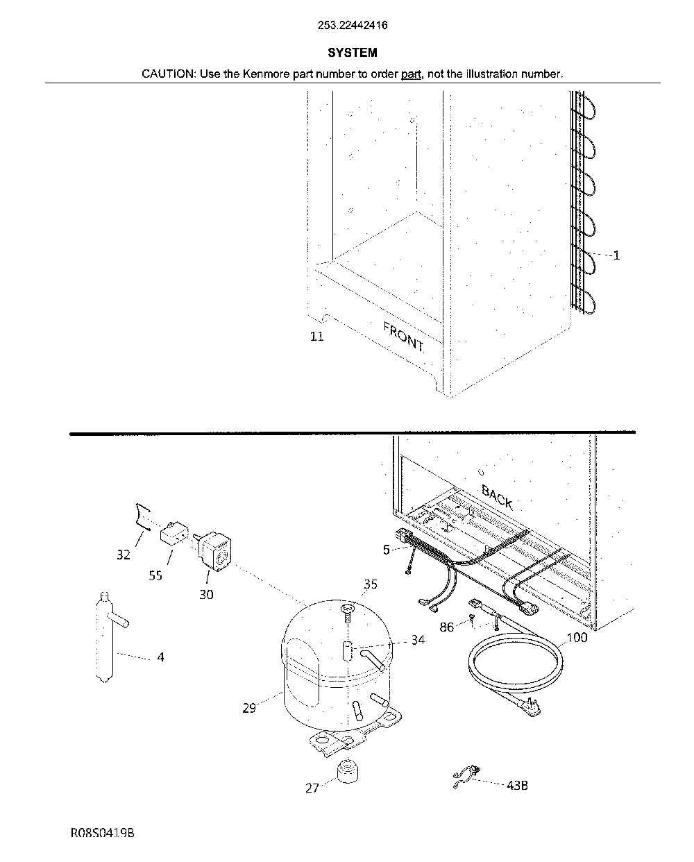 System Diagram and Parts List for 25322442416  Kenmore Freezer