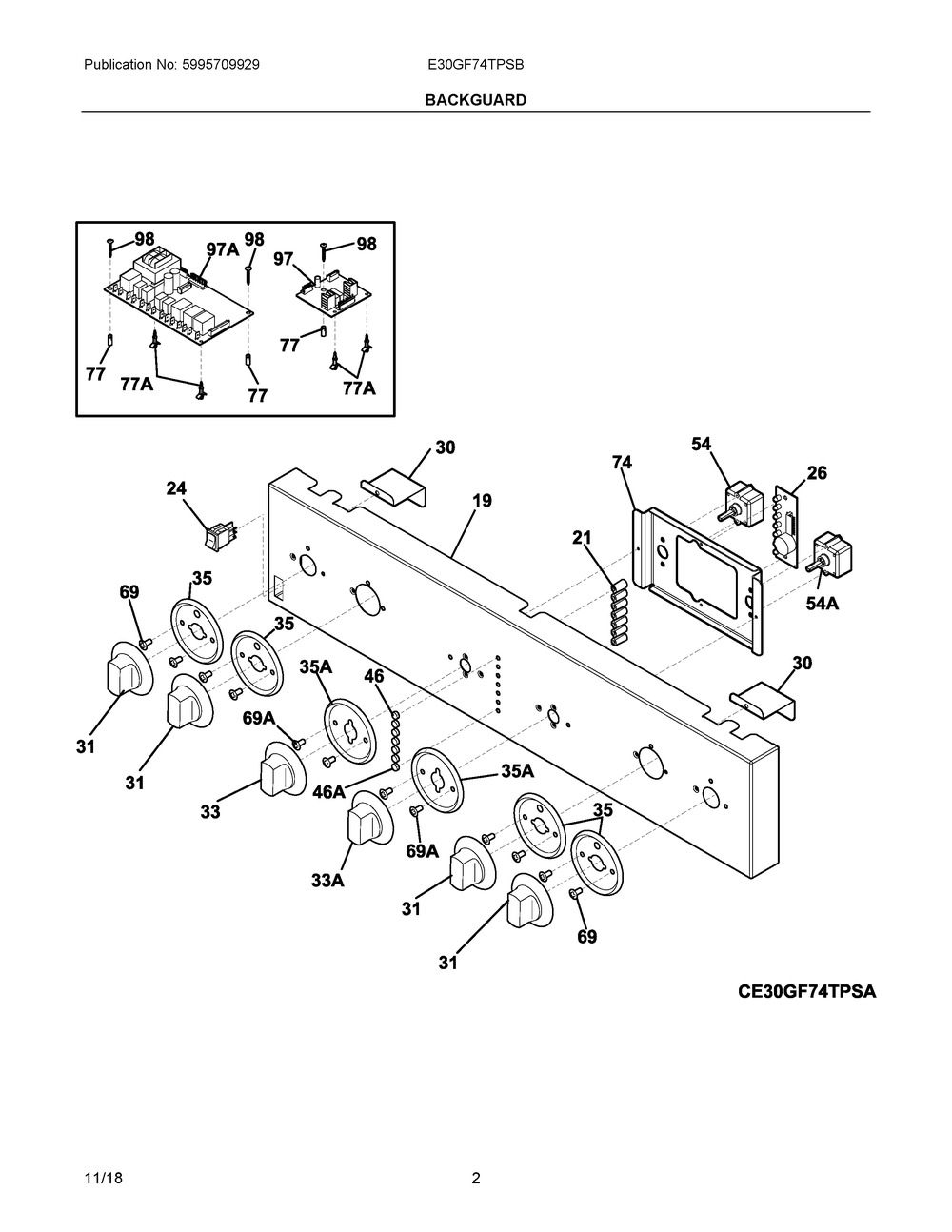 Backguard Diagram and Parts List for E30GF74TPSB  Frigidaire Range