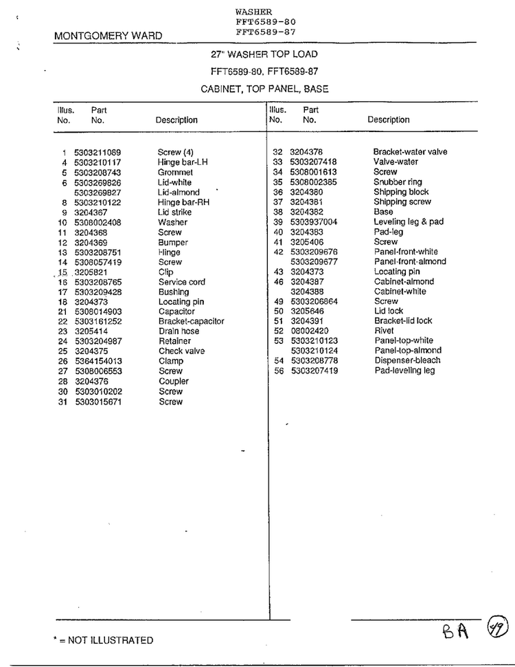 Cabinet, Top Panel, Base Page 2 Diagram and Parts List for 6589-80  Frigidaire Washer