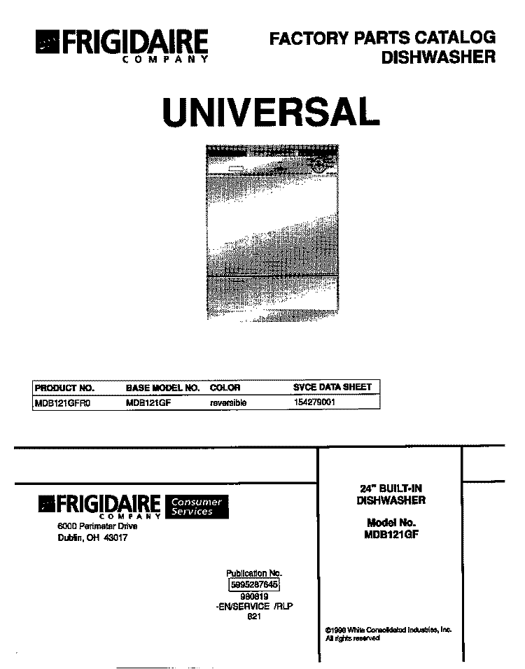 COVER Diagram and Parts List for MDB121GFR0  Frigidaire Dishwasher
