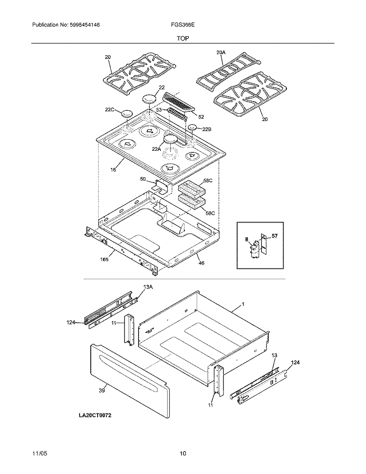 TOP / DRAWER Diagram and Parts List for FGS366EQA  Frigidaire Range