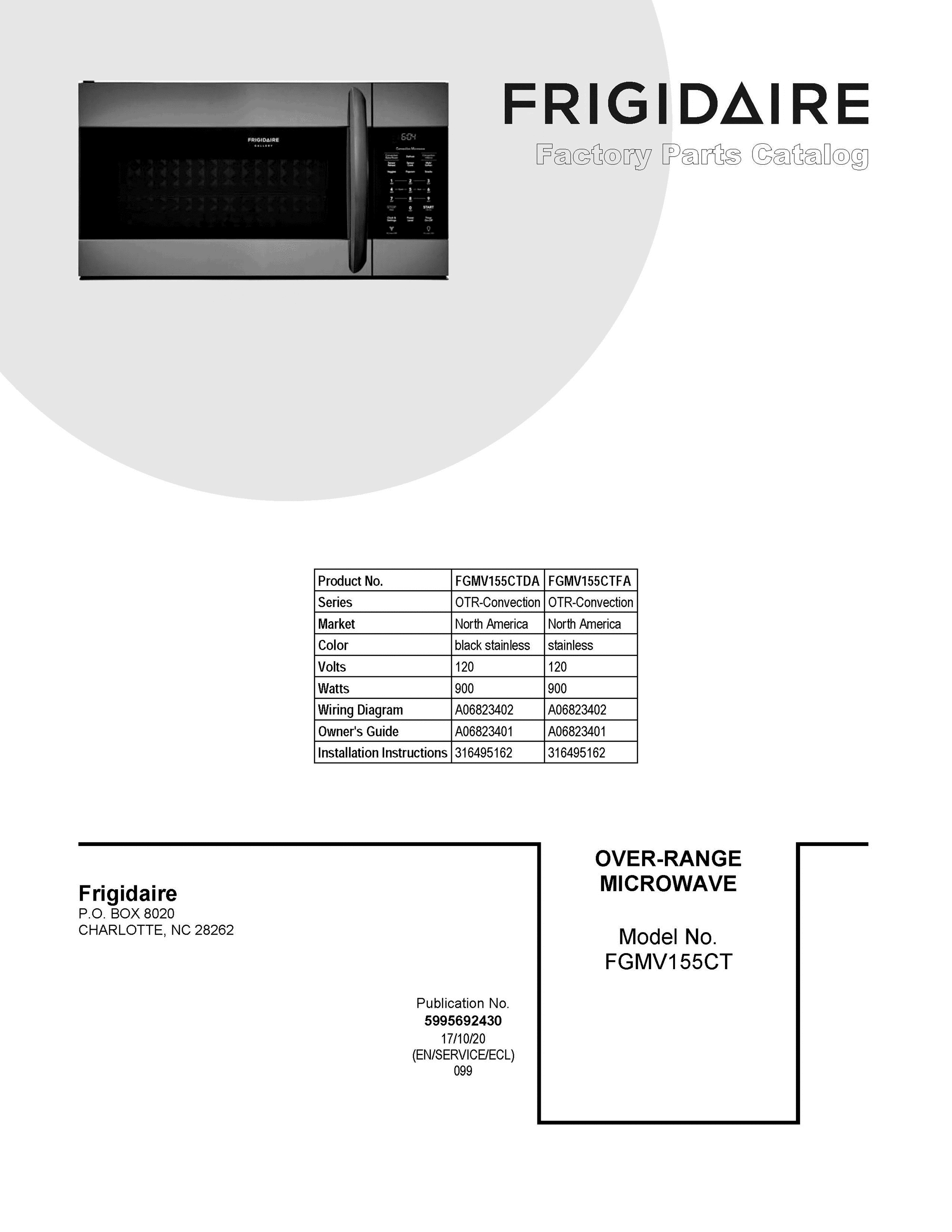 01 - COVER SHEET Diagram and Parts List for FGMV155CTFA  Frigidaire Microwave Oven Combo