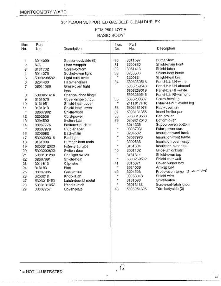 Basic Body Page 2 Diagram and Parts List for 2891  Frigidaire Range