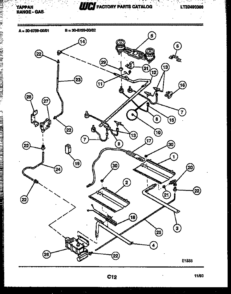 BURNER, MANIFOLD AND GAS CONTROL Diagram and Parts List for 30-6759-23-02  Tappan Range