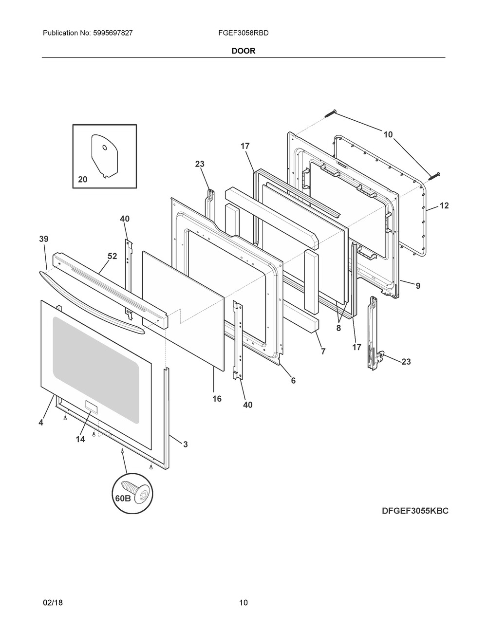Door Diagram and Parts List for FGEF3058RBD  Frigidaire Range