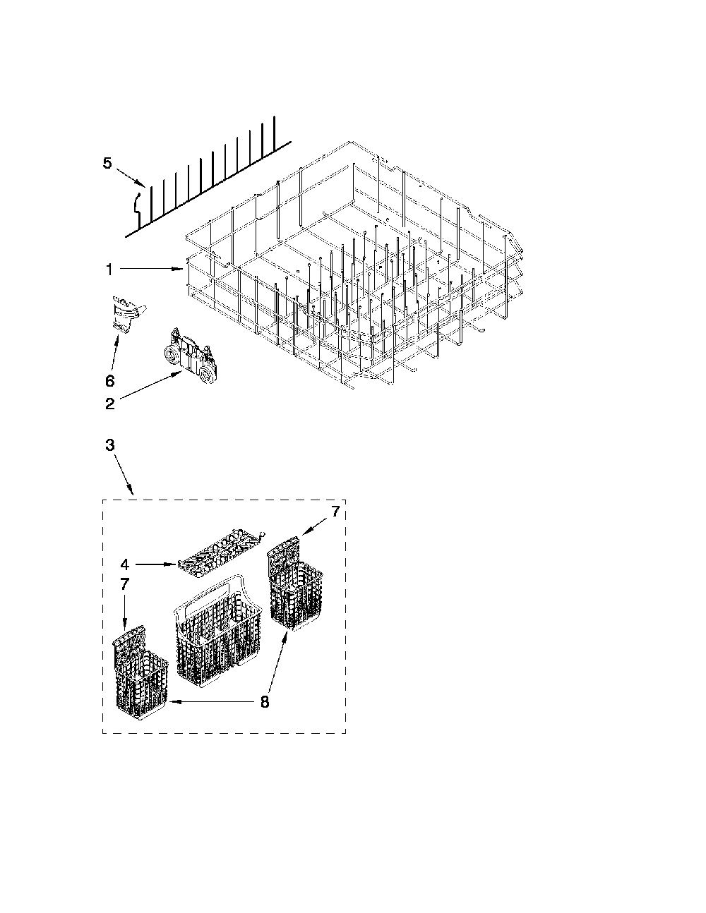 Lower Rack Diagram and Parts List for 66513963K017  Kenmore Dishwasher