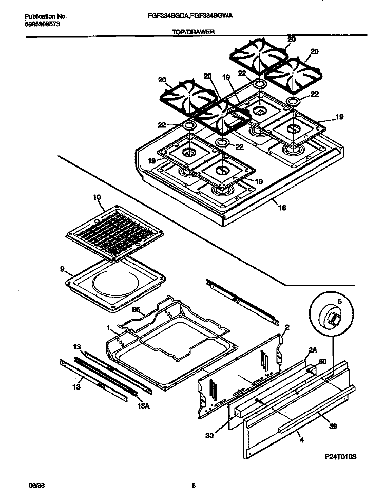 TOP / DRAWER Diagram and Parts List for FGF334BGDA  Frigidaire Range