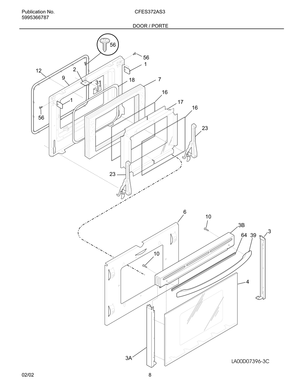 Door / Porte Diagram and Parts List for CFES372AS3  Frigidaire Range