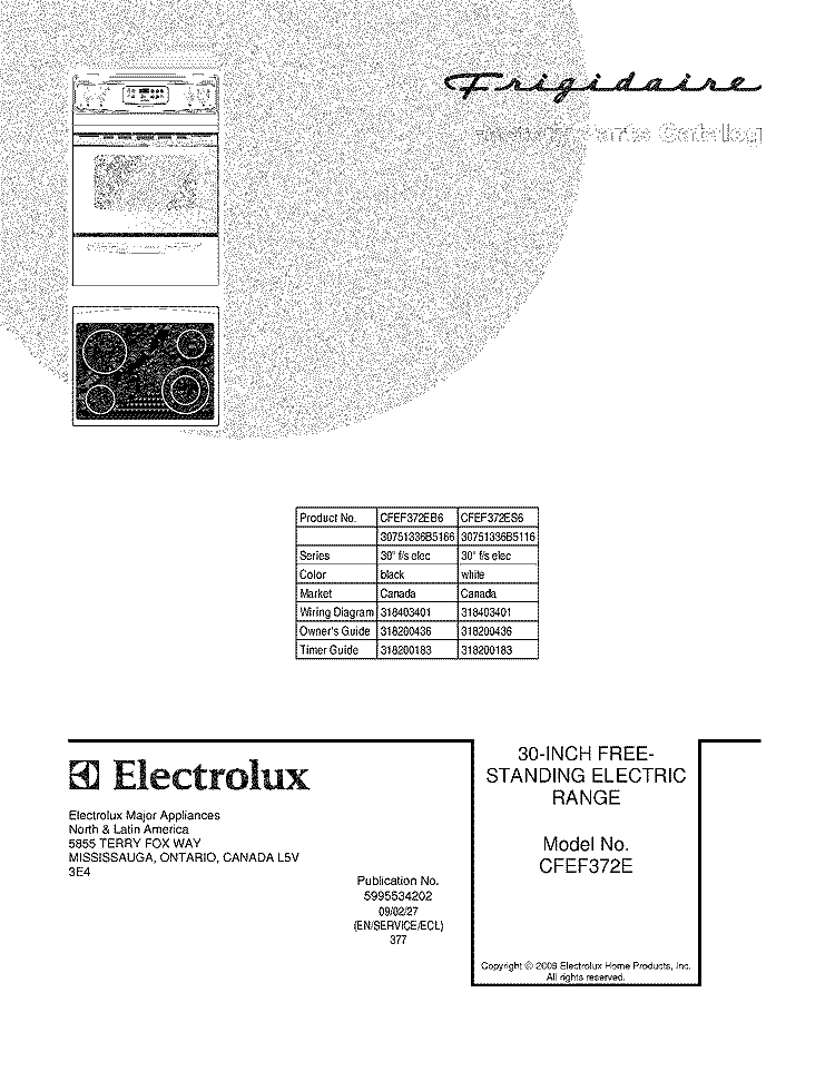COVER Diagram and Parts List for CFEF372EB6  Frigidaire Range