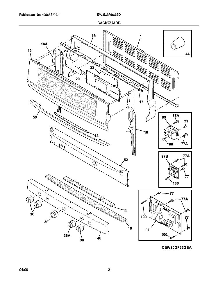 BACKGUARD Diagram and Parts List for EW3LGF65GSD  Electrolux Range