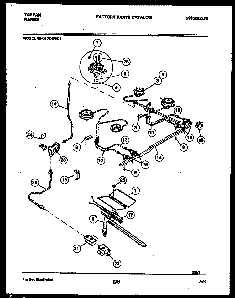 BURNER, MANIFOLD AND GAS CONTROL Diagram and Parts List for 30-3352-00-01  Tappan Range
