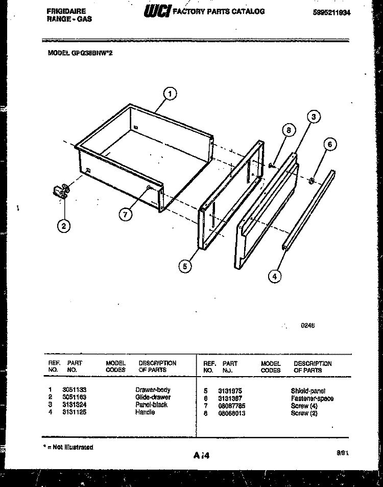 DRAWER PARTS Diagram and Parts List for GPG38BNW2  Frigidaire Range