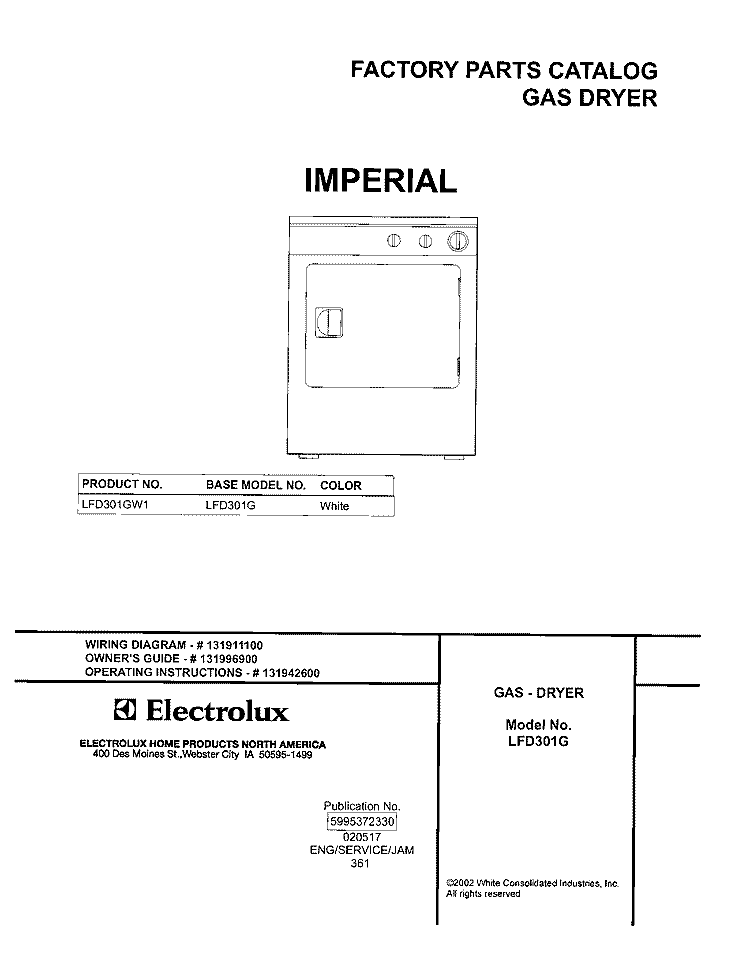COVER Diagram and Parts List for LFD301GW1  Frigidaire Dryer