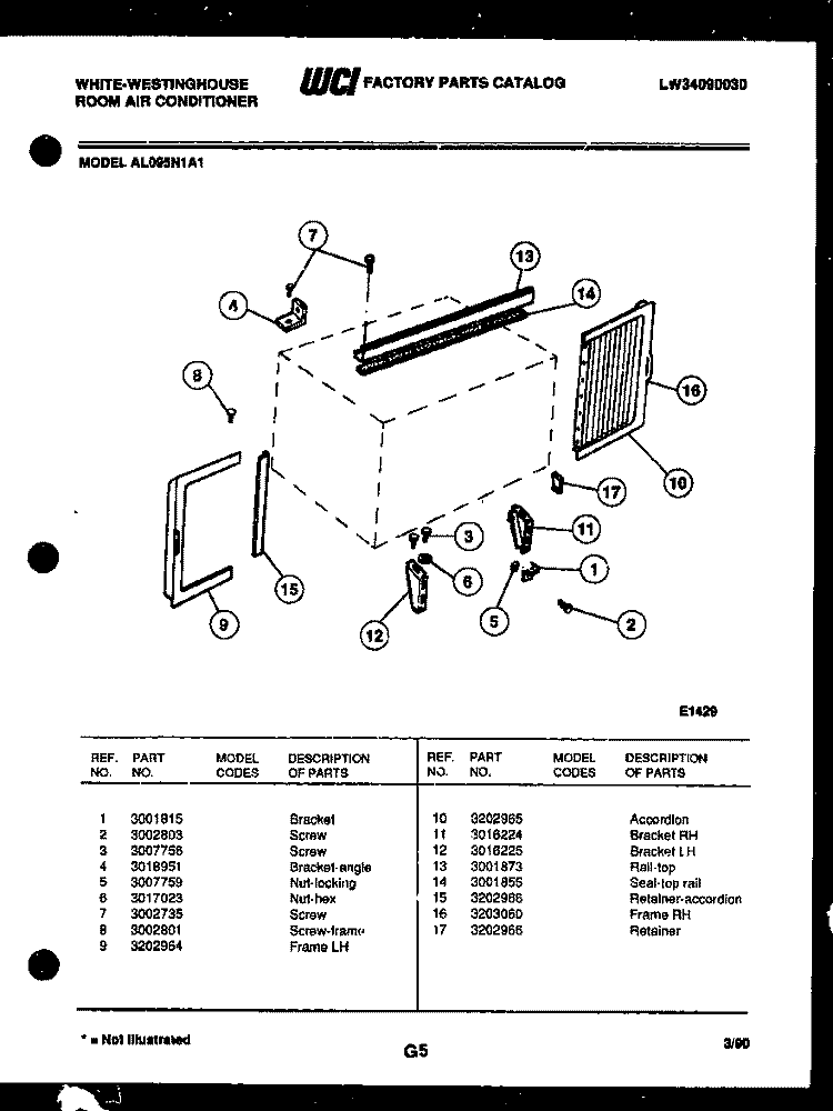CABINET AND INSTALLATION PARTS Diagram and Parts List for AL095N1A1  Frigidaire Air Conditioner
