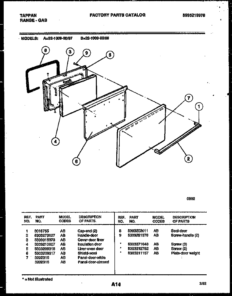 DOOR PARTS Diagram and Parts List for 32-1009-23-08  Tappan Range