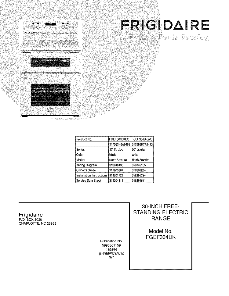 COVER Diagram and Parts List for FGEF304DKBC  Frigidaire Range